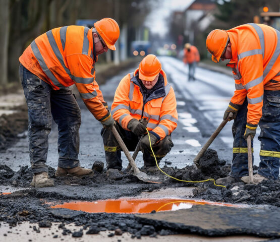 Trois hommes font des travaux sur une chaussée