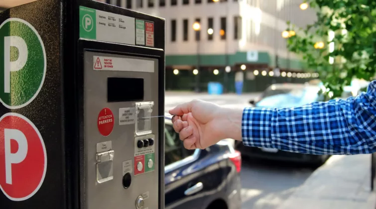 Un homme paie pour son stationnement à une borne automatique