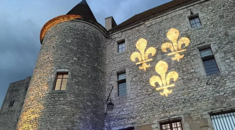 Une vue de nuit du château-musée de Nemours, avec des fleurs de Lys projetées sur la façade