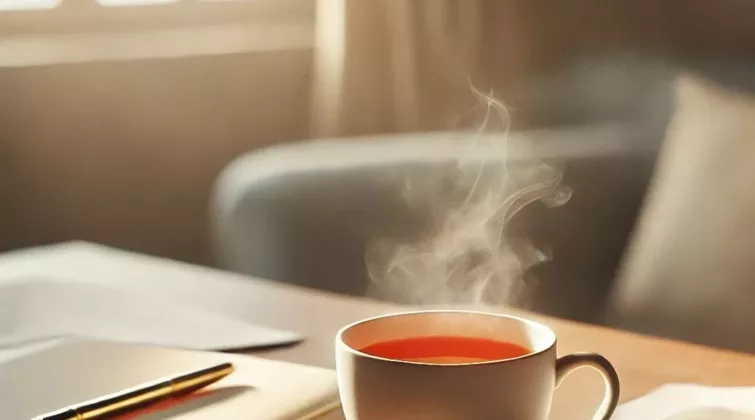 une tasse de thé fumante posée sur un bureau