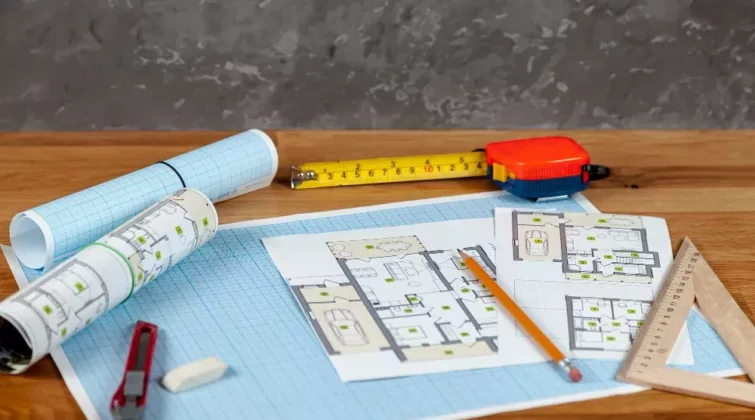 Des plans de construction et des outils sont posés sur une table