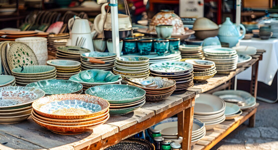 Stand de vaisselle de seconde main sur une brocante