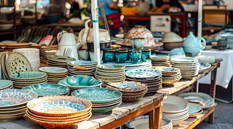 Stand de vaisselle de seconde main sur une brocante