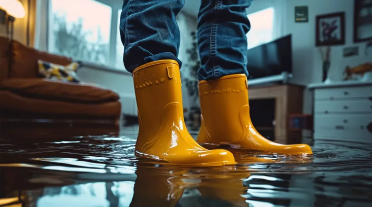 Une personnes avec des bottes jaunes est debout dans une maison inondée