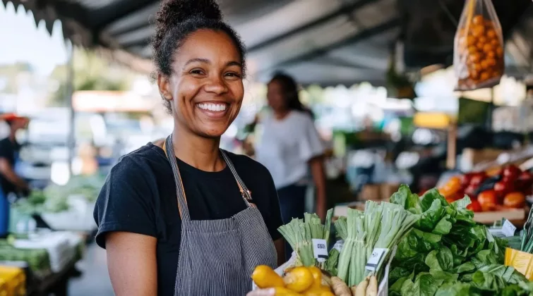 Une vendeuse dans un marché qui tien des aliment dans un sac