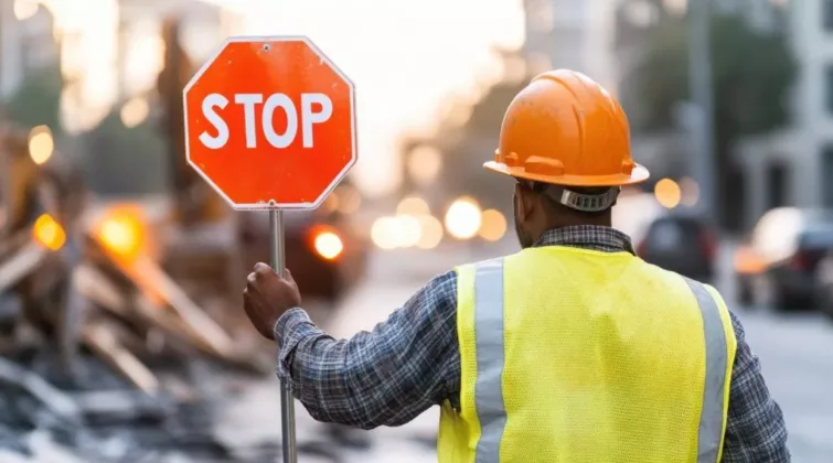 homme de chantier tenant un panneau stop pour informer les véhicule de la nouvelle circulation et des déplacements à prévoir