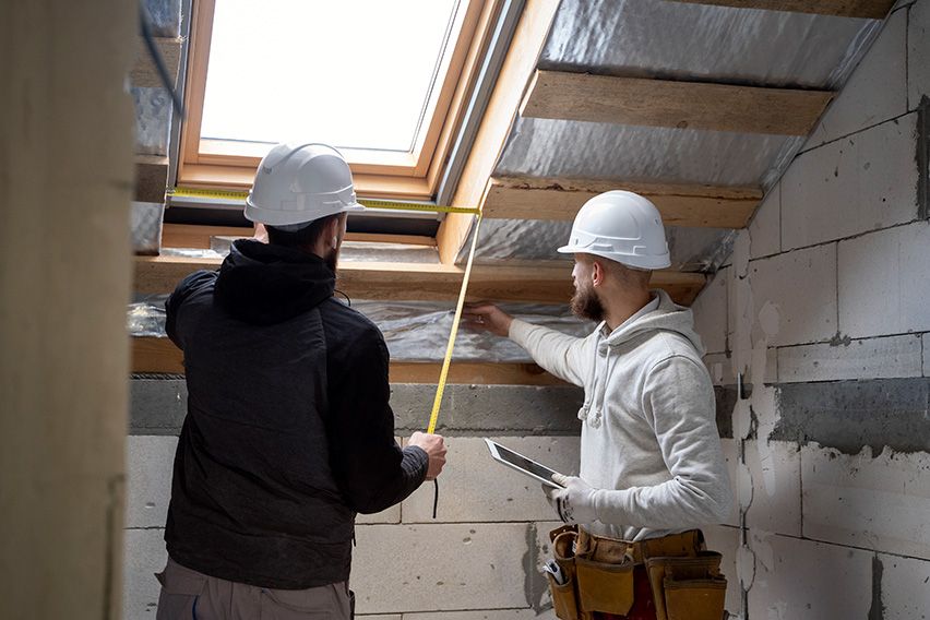 deux ouvriers qui installent l'isolation à l'intérieur d'une pièce mansardée
