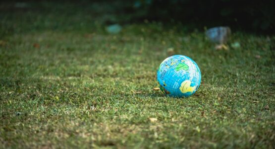 blue and white desk globe on green grass field during daytime